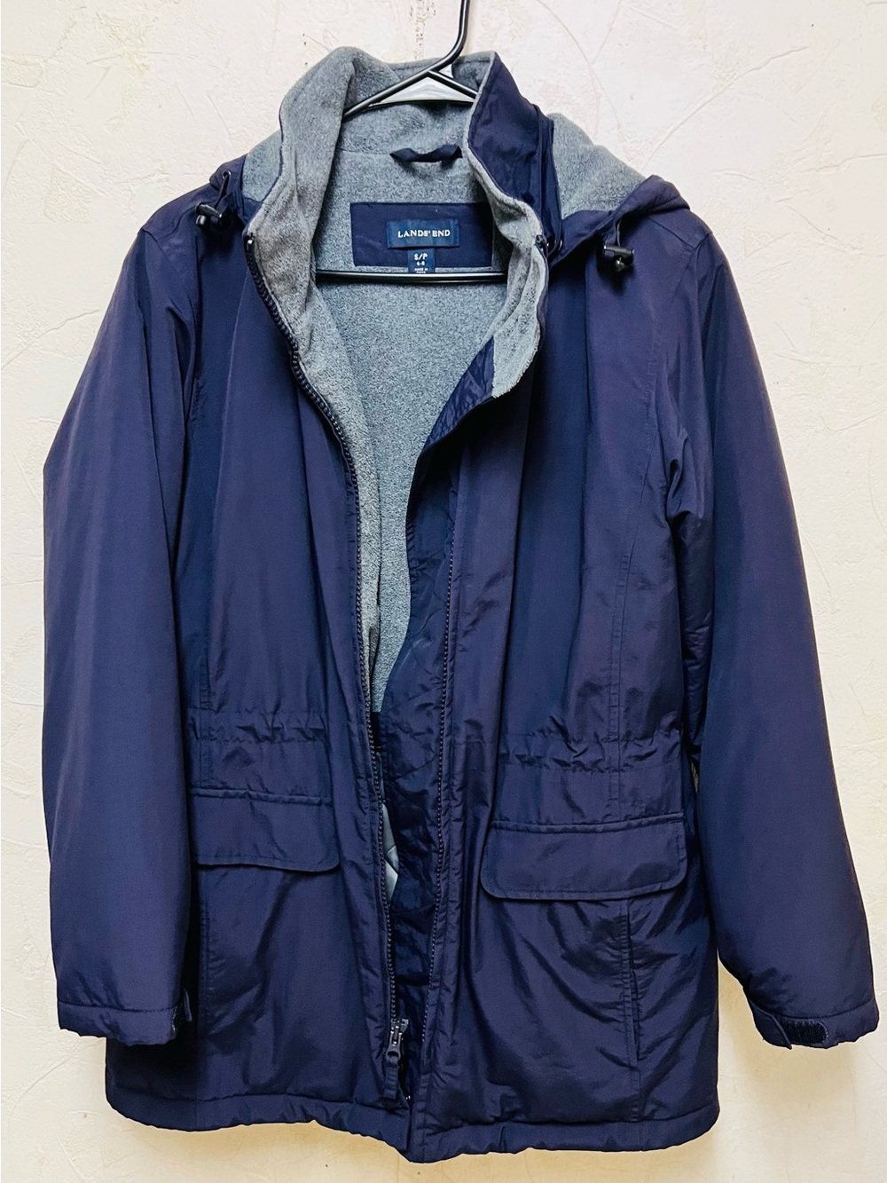 dark blue Lands' End fleece-lined hooded winter jacket sz S